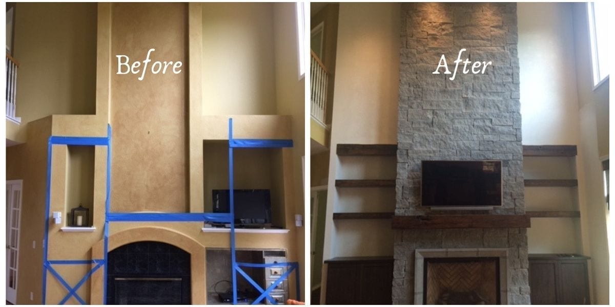 Before and After picture of a fire place remodel